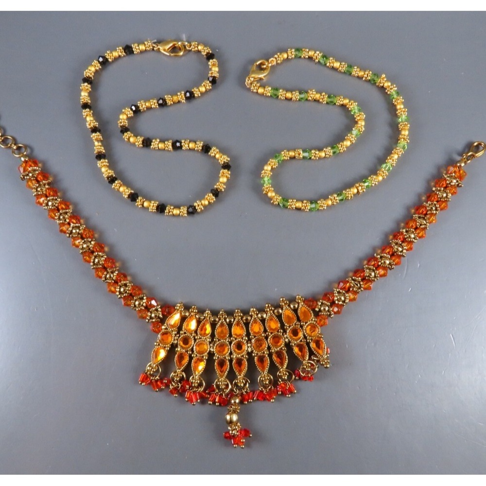 INDIAN BOLLYWOOD Kundan Child LOT OF 3 NECKLACES? Orange Green Gold 10-11" LONG